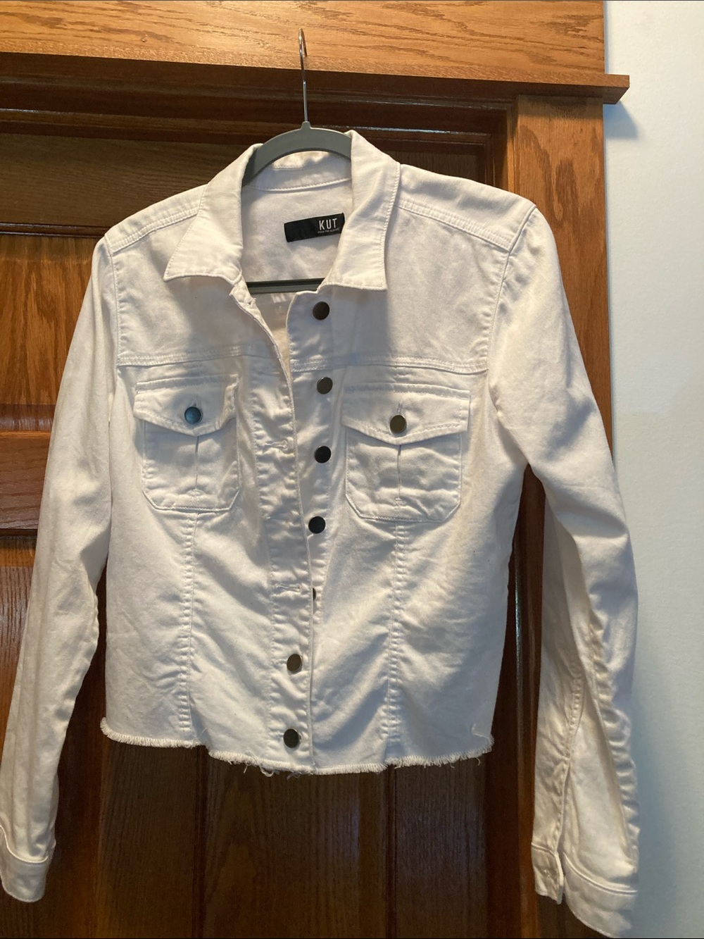 Kut from the Kloth White Cropped Denim lite weight shirt with Chest Pockets